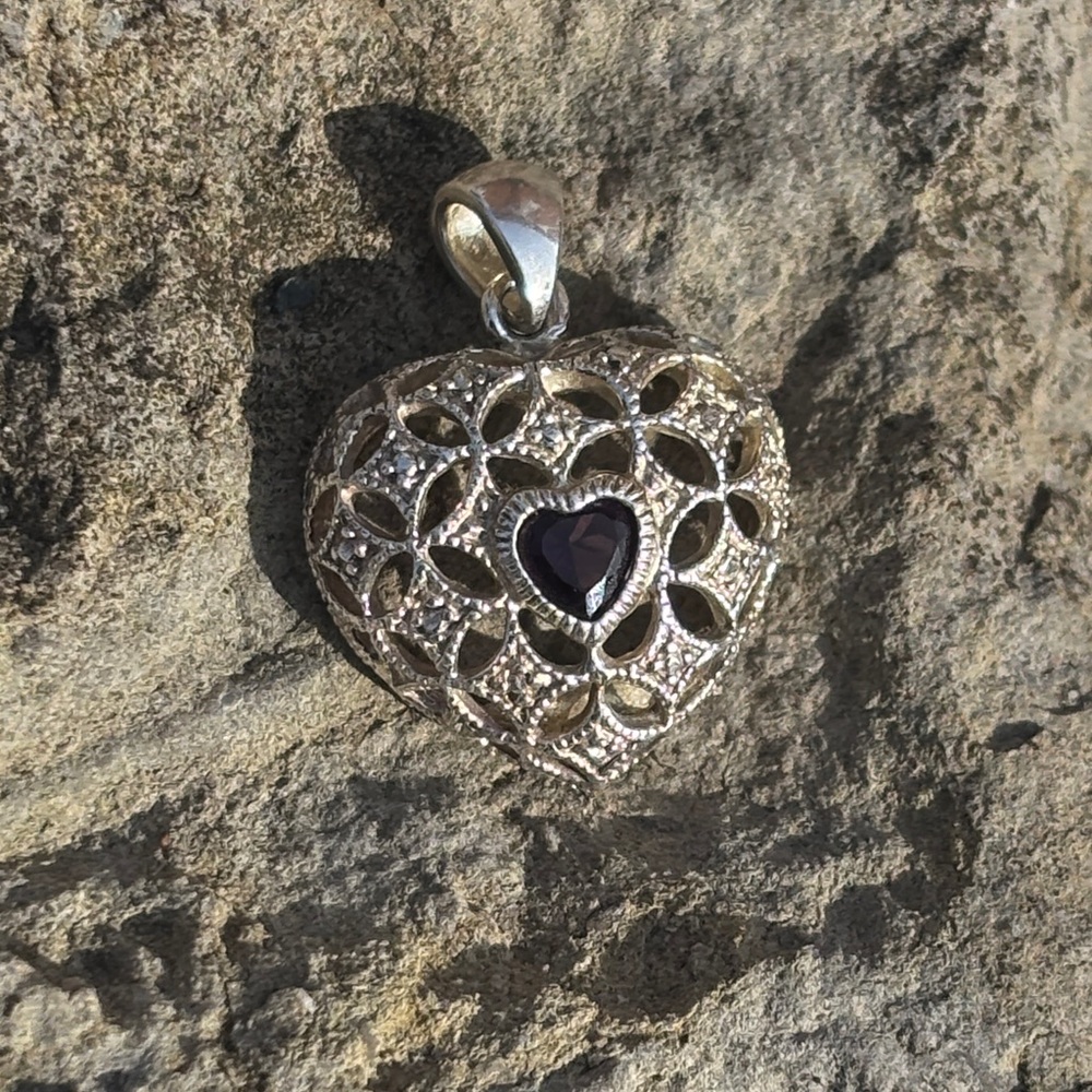 Sterling Silver Heart Pendant with Purple Amethyst Gem